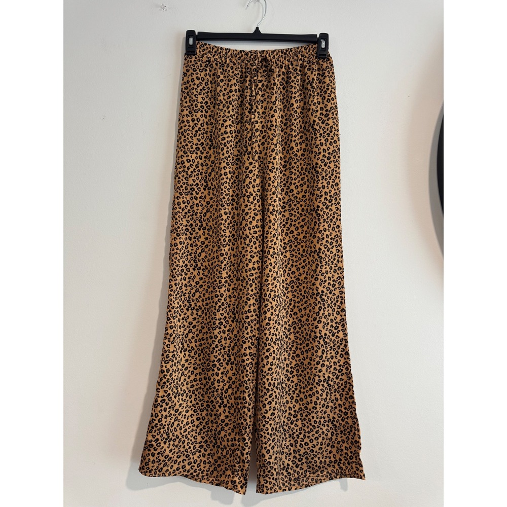Mi Ami Leopard Print Wide Leg Pants Women Medium Brown High Rise Drawstring